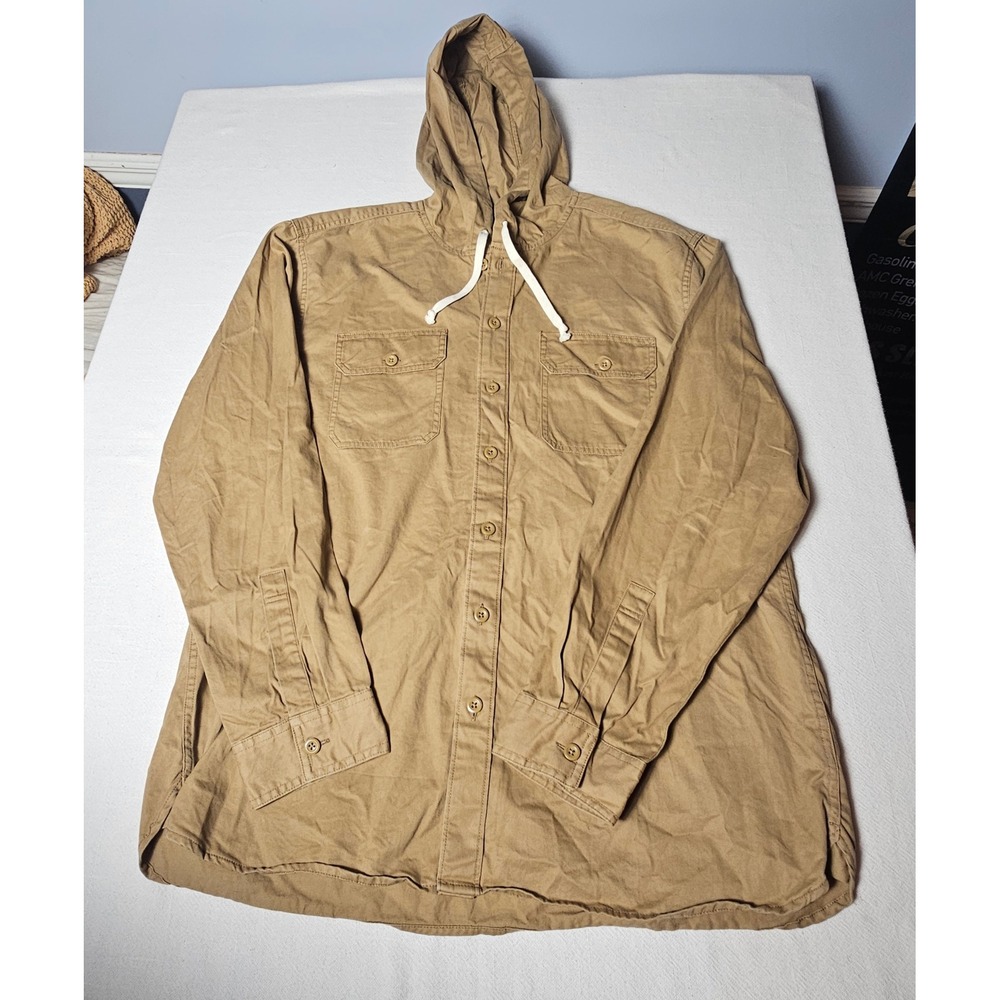 American Eagle Mens XXL Khaki Tan Cotton Twill Hooded Button Down Shirt